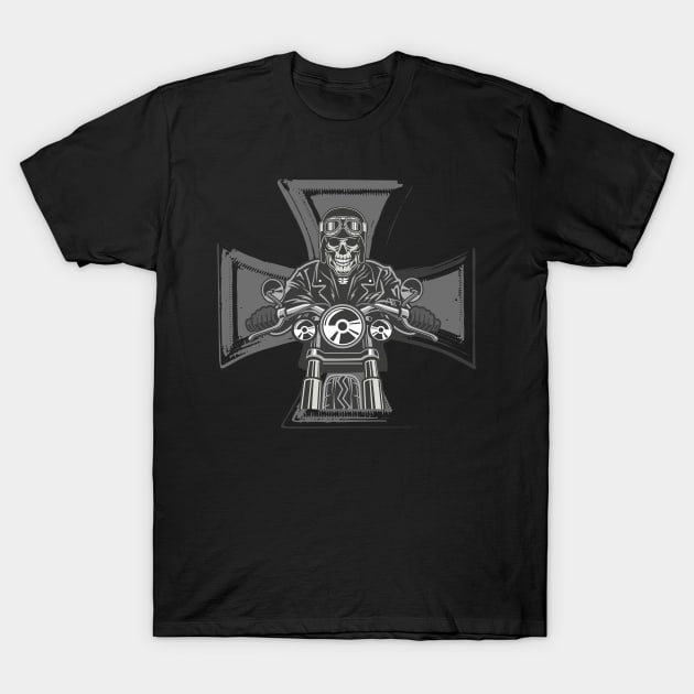 Biker Cross Motorcycle Emblem Skeleton T-Shirt by Foxxy Merch